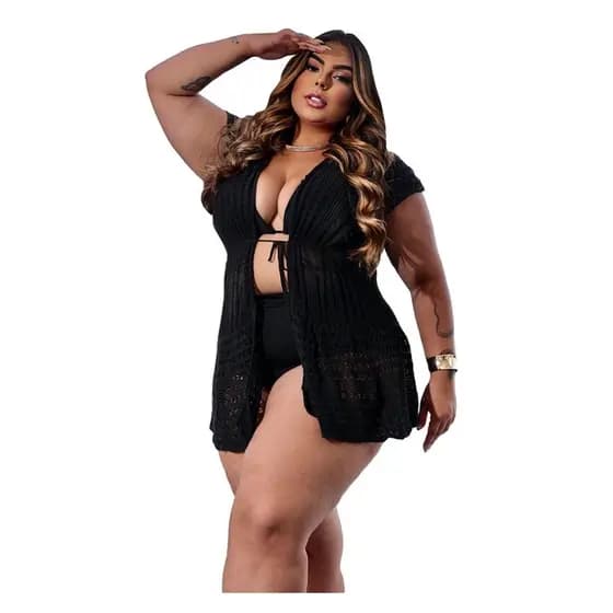 Saida Praia Aberta Curta Plus Size Manga Babado Piscina