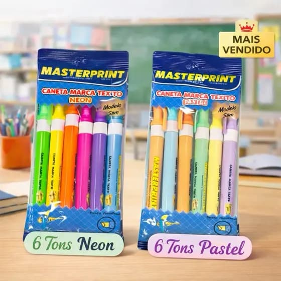 Marca Texto Masterprint Slim 12 Cores | Pastel + Neon | Ponta Chanfrada | Escolar e Escritório
