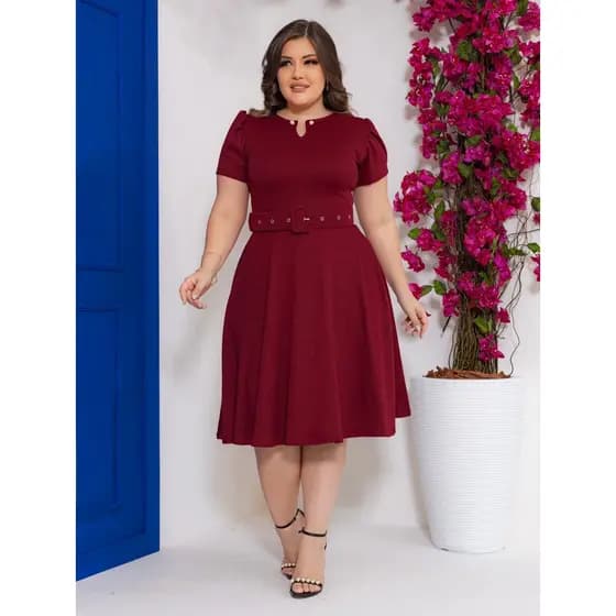 Vestido Pérola Godê Bordo com Cinto- P ao G2