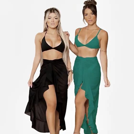 Kit 3 Saídas de Praia Feminina Pareô Longa Canga Amarrar Babado Lisa Moda Praia Cores Variadas