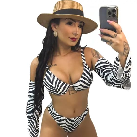 Biquíni Feminino Aro Retrô Zebra Manga Removível Preto C/ Branco Moda Praia Verão P M G GG