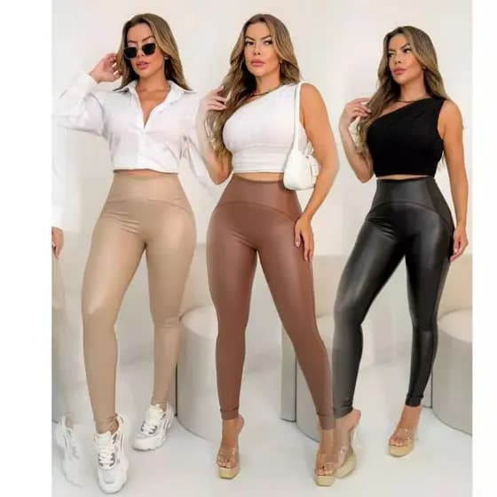 Calça Legging Couro Resinada Elastano Lisa Confortavel Blogueira Moda Alta Tendencia QUEIMA ESTOQUE