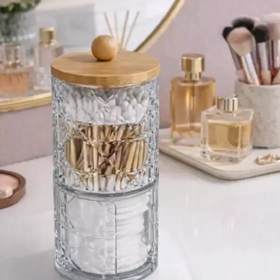 Porta Cotonetes Algodão Acrilico Com Tampa De Bambu Porta Condimentos Organizador Premium