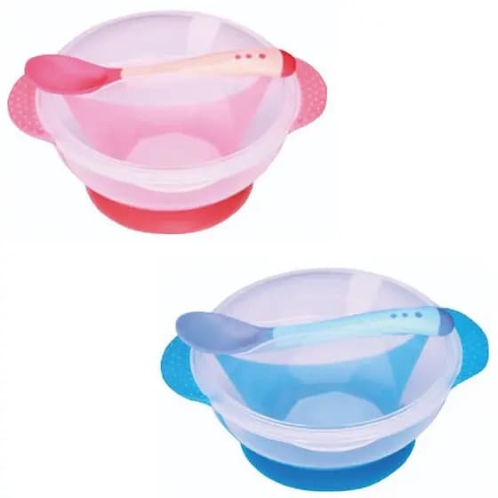Porta Papinha Prato pote bowl Infantil Com Tampa Ventosa na base E Colher sensivel ao calor