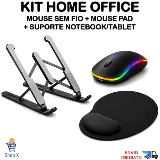 Kit Mouse Sem Fio Recarregável mais Suporte Notebook Tablet Regulável e Mousepad Home Office