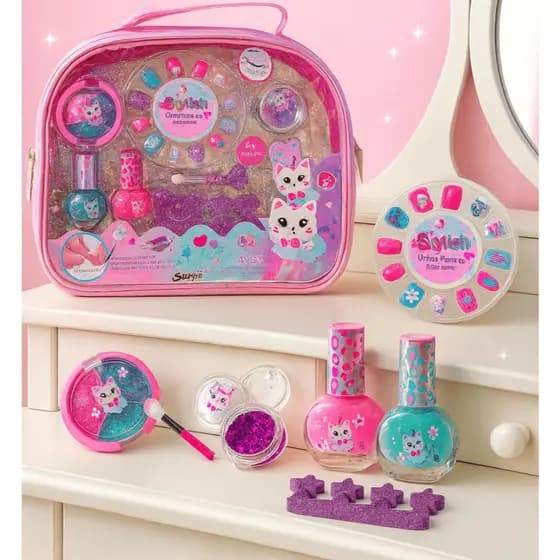 Kit Beleza Infantil Completo Maquiagem com Bolsa, Sombras Glitter, Esmaltes, Unhas Postiças e Acessórios Maquiagem