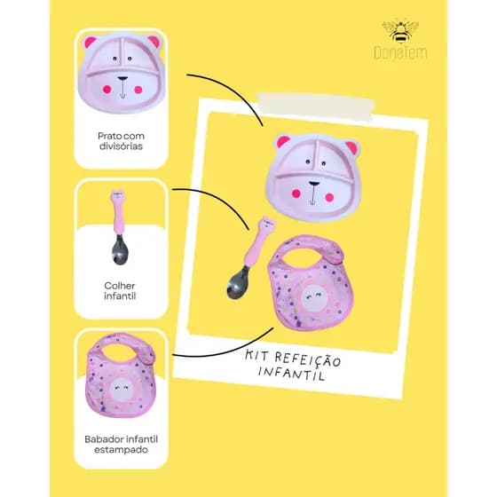 Kit Refeição Infantil Bebê Alimentação - 3 Peças Sortidas - Prato Colher e Babador Livre de BPA Divertido e Prático