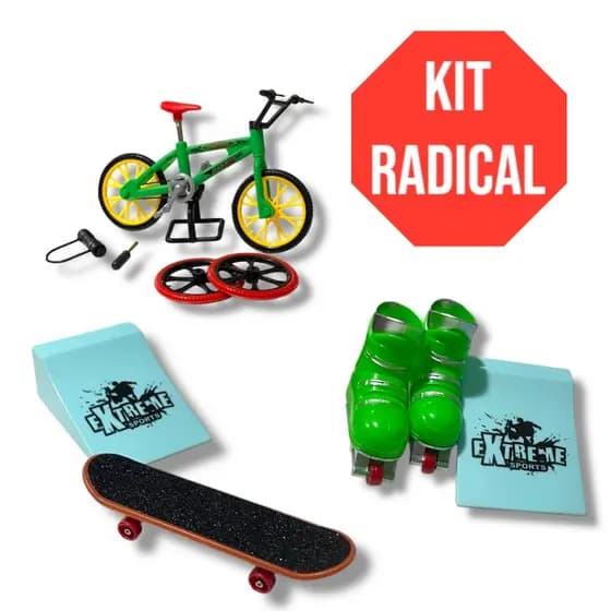 Kit Mini Bicicleta Patins Skate de Dedo com Rampa Brinquedo Radical Manobras de Dedo Fingerboard
