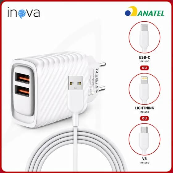 Fonte Inova Original Carregador Celular 2 Entradas Com Cabo iPhone Tipo C V8 Inova