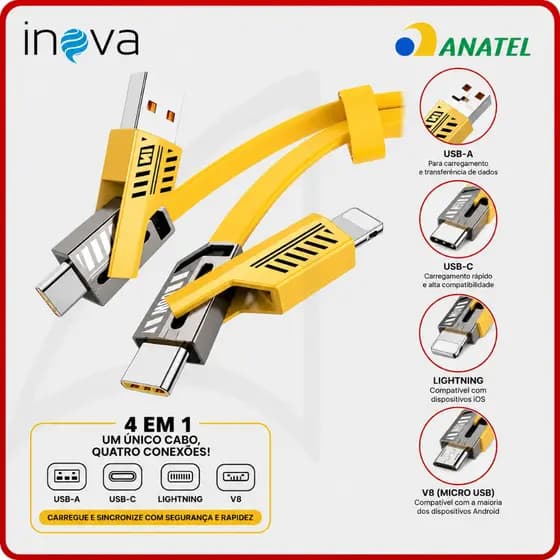 Cabo Carregador Inova 4 em 1 65W Emborrachado USB C Lightning iPhone Android PD Turbo