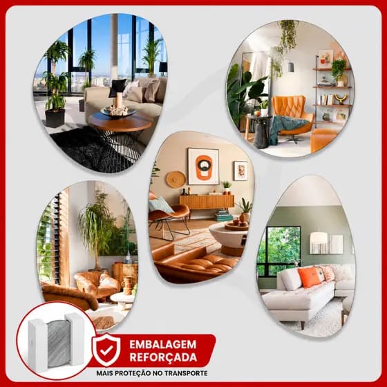 Espelhos Decorativos Premium Orgânico/Redondo/Retangular p/ Sala Quarto Banheiro