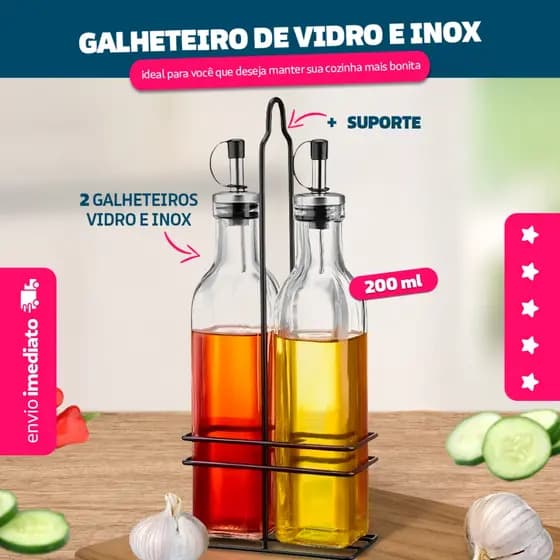 Galheteiro De Vidro E Inox Com 2 Pçs + Suporte - Dolce Home