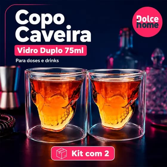 Kit 2 Copo Caveira Vidro Duplo 75ml Para Whisky Tequila Vodka Bebidas Destiladas Bar e Decoração