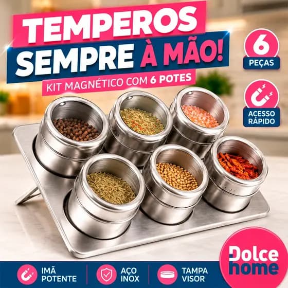 Kit 6 Porta Condimento Magnético 6 Peças Tempero Aço inox