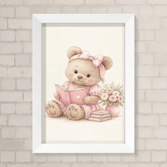 Quadro Infantil Menina A4 - Ursinha e Livro Rosa Delicado