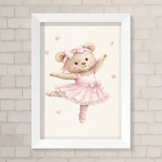 Quadro Infantil A4 Menina - Ursinha Bailarina e Corações Rosa
