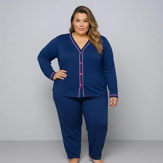 Pijama Feminino Plus Size Americano Aberto de Botões Inverno de Frio Cirurgico abertural amamentação