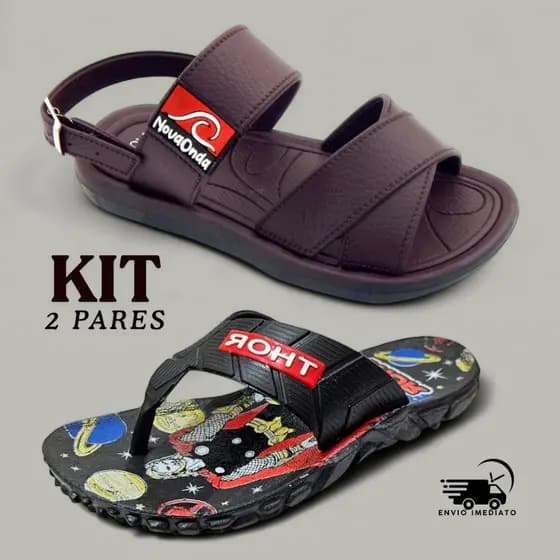 Kit 2 Pares Sandália Infantil Menino NOVA ONDA + Chinelo Infantil Masculino TRATORADO Personagens