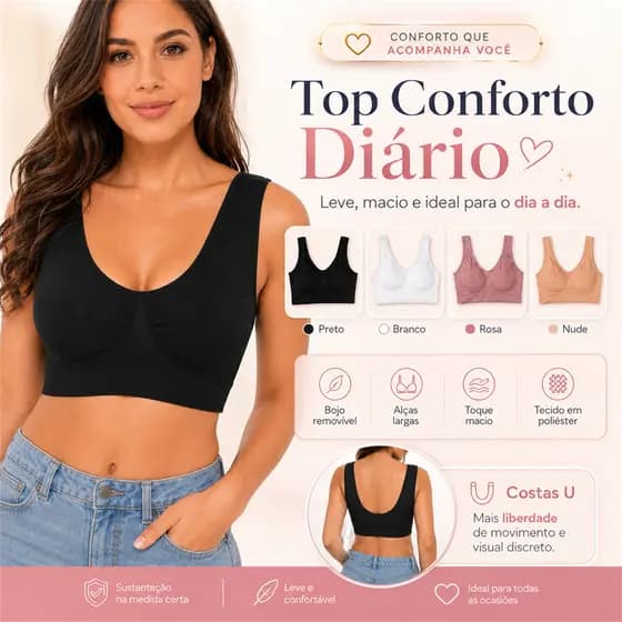 KIT com 2 Sutiã Top Básico Regata com Bojo e Otima Sustentação CORES E/OU ESTAMPA SORTIDAS/ALEAT