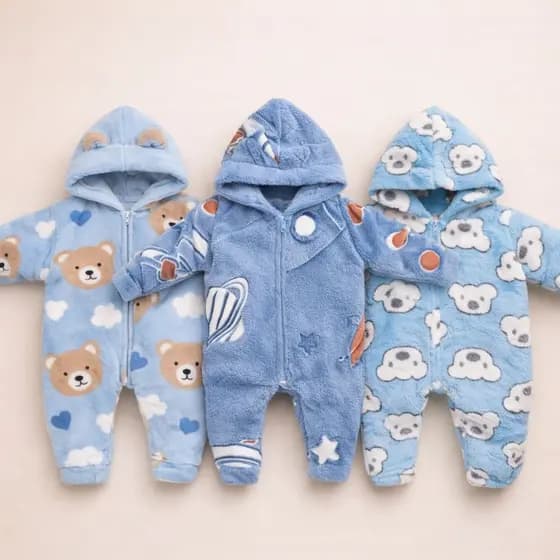 Kit 3 Peças Macacão Bebe Inverno Microfibra Com Capuz Menino
