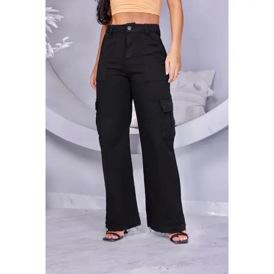 Calça Feminina Preta Cargo Wide Leg Jeans Casual Tendência Conforto