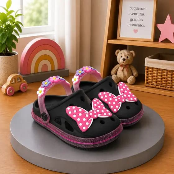 Sandália Babuche Fachetado Glitter Delicado Sandália Infantil Menina Laço Flores Casual Papete Injetada Tratorada Moda