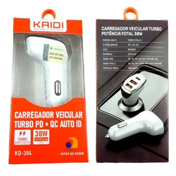 Carregador Veicular Turbo 38W Kaidi KD-304 PD+QC Auto ID 3 Entradas 2 USB +1 Tipo C Anatel