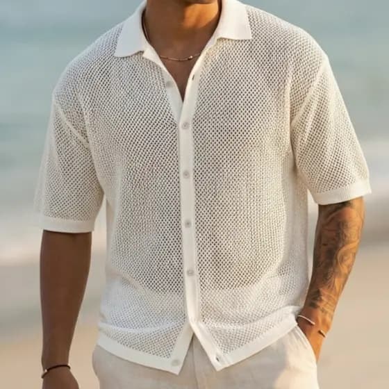 Camisa Masculina Praia Crochê Verão Tricot Premium Botão Elegante Fresca Respirável Polo Casual