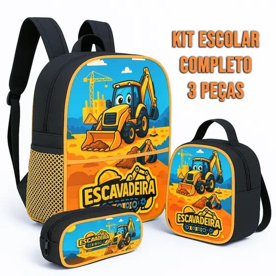 Kit Infantil Escolar Escavadeira –Lancheira Térmica Mochila Escolar Infantil Menino Estojo Simples