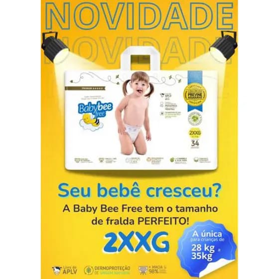 Fralda Descartável Baby Bee Free 2XXG 28 a 35 kg Grandinhos Dermoprotetora Premium
