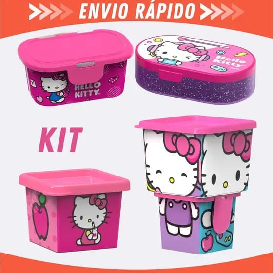 Kit Pote Infantil Hello Kitty Marmita Lanche Escolar Organizador Bebê Criança