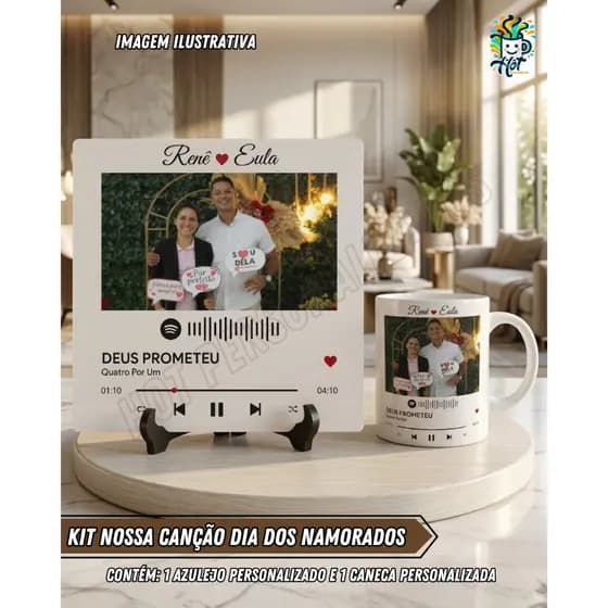 Kit Dia dos Namorados Personalizado Caneca + Azulejo com Foto e Música Spotify