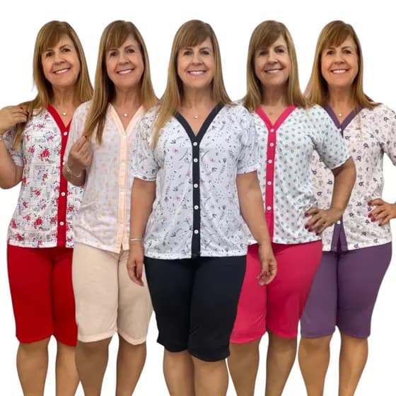 Kit 5 Pijama Pescador Aberto Manga Curta Amamentação Cirurgia Botão Conjunto Feminino