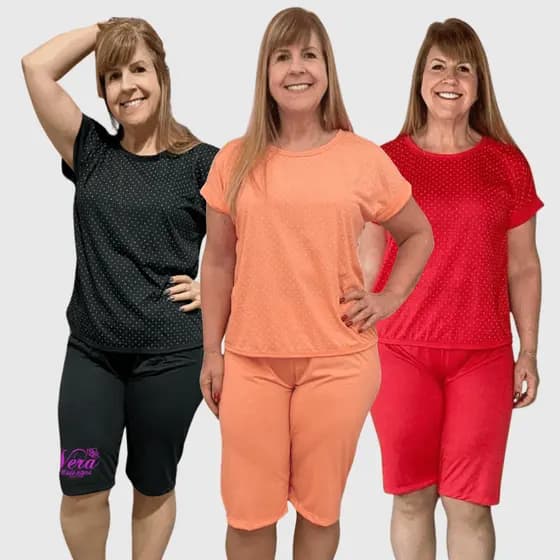 Kit 3 Pijama Pescador Feminino Conjunto Bermuda e Blusa Manga Curta Malha até o Joelho Senhora Noite