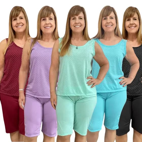 Kit 5 Pijama Poá Pescador Verão Feminino Conjunto Senhora Regata e Bermuda de Dormir Confortável