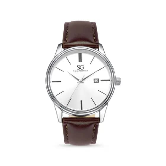 Relógio Masculino Chrowl Couro Marrom Caixa Prata Saint Germain Dia a Dia Sofisticado Elegante