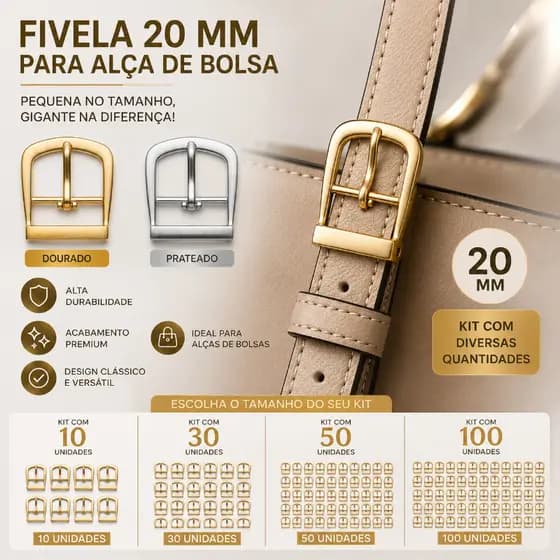 Fivela de Metal Dourada de 20mm Kit 10 ou 30 unidades