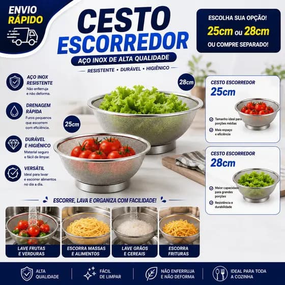 Cesta Cesto Escorredor Inox 25cm e 28cm Multiuso Para Lavar Alimentos Frutas Legumes Arroz Massas