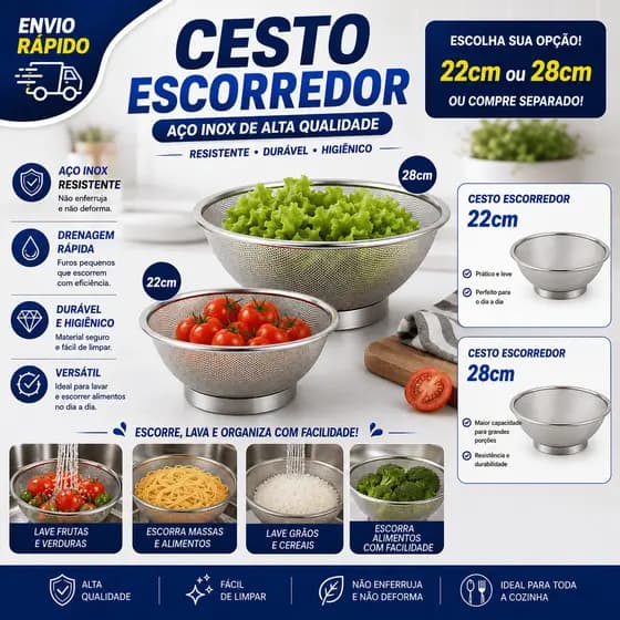 Kit 2 Cestos Escorredores Inox 22cm e 28cm Multiuso Para Lavar Alimentos Frutas Legumes Arroz Massas
