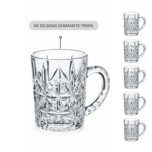 Jogo de Xicara Vidro Caneca Para Café Chá 6 Peça Transparente Diamante 190ml
