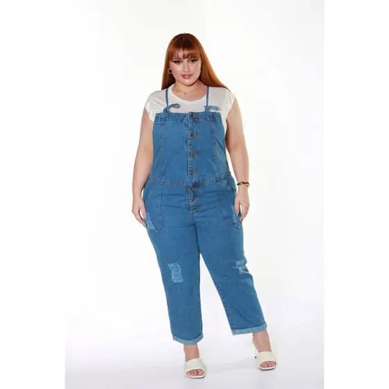 Macacão feminina PLUS SIZE Calça Jeans Rasgado Jardineira jeans Feminina Comprido lançamento