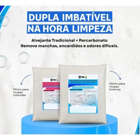 Kit Completo de Limpeza de Tecidos – Alvejante ANS + Percarbonato Tira manchas Alvejante 1kg + Percarbonato de sódio 1kg