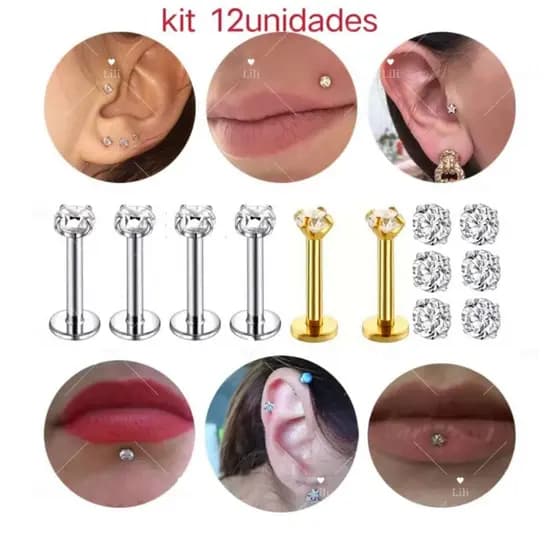 Kit 12 Piercing Labret Ponto De Luz (2.5mm) Helix Tragus Conch Aço Cirúrgico