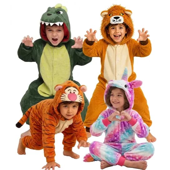 Pijama Infantil Fantasia Animais Leão Tigre Dinossauro Unicórnio Macacão Quentinho Inverno Promoção