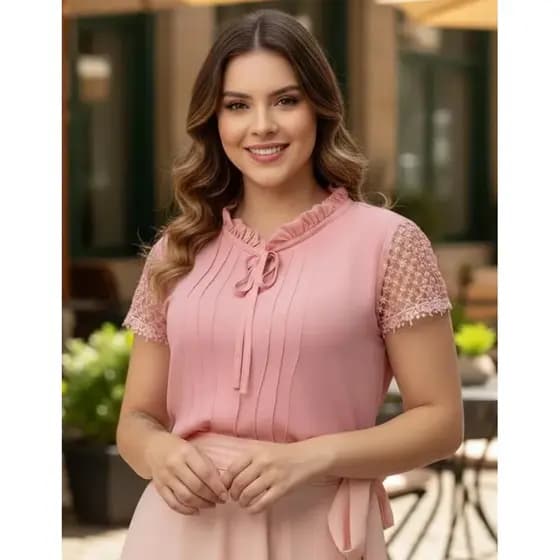 Blusa Feminina Manga Curta Social Crepe Soltinha Executiva