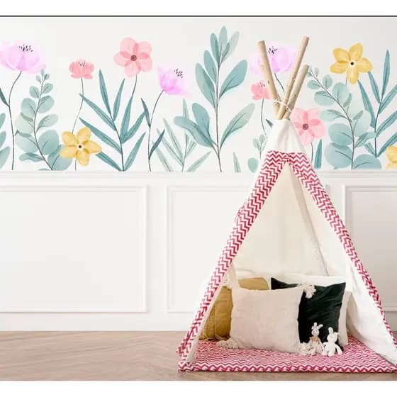 Adesivo Infantil De Parede Floral Flores Aquarela Lavável