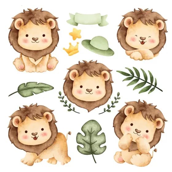 Adesivo De Parede Infantil Leão Safari Folhas Aquarela Quarto Lf1