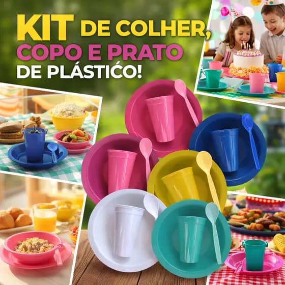 15 kit merenda prato copo colher alimentação criança lanche festa refeição colorido escola créche
