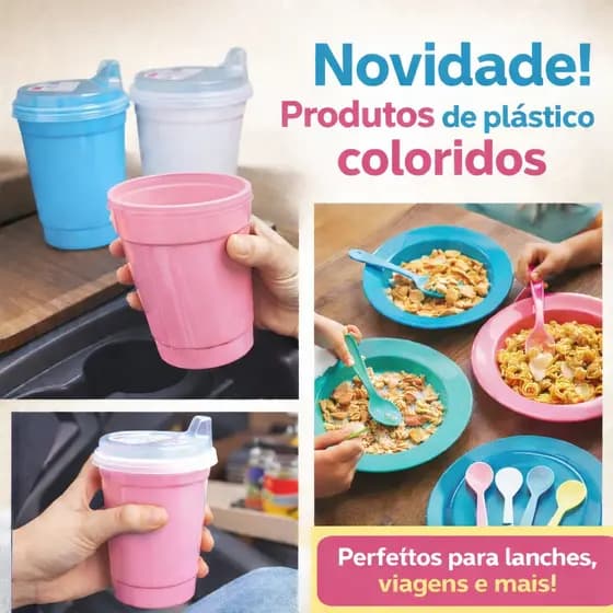 kit refeição 10 pratos copos com tampa infantil colher Plástico menina menino merenda escola creche