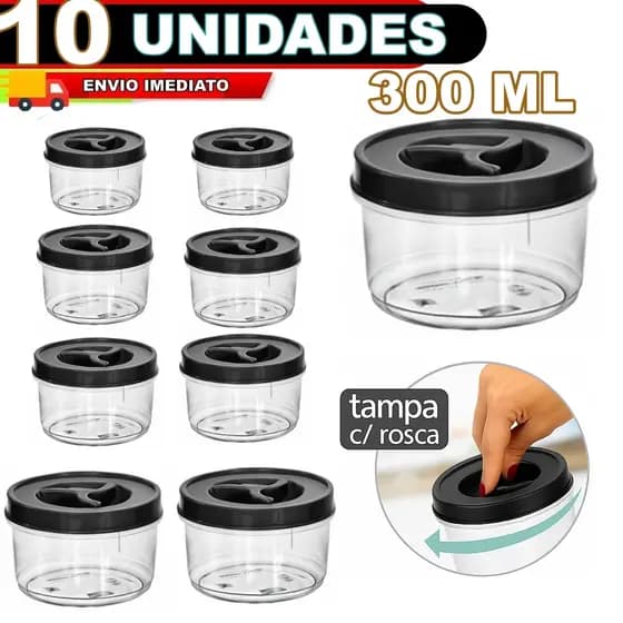 JOGO DE 10 POTES 300 ML REDONDO //REFORÇADO //LIVRE DE BPA//PARA ALIMENTOS-TEMPEROS
